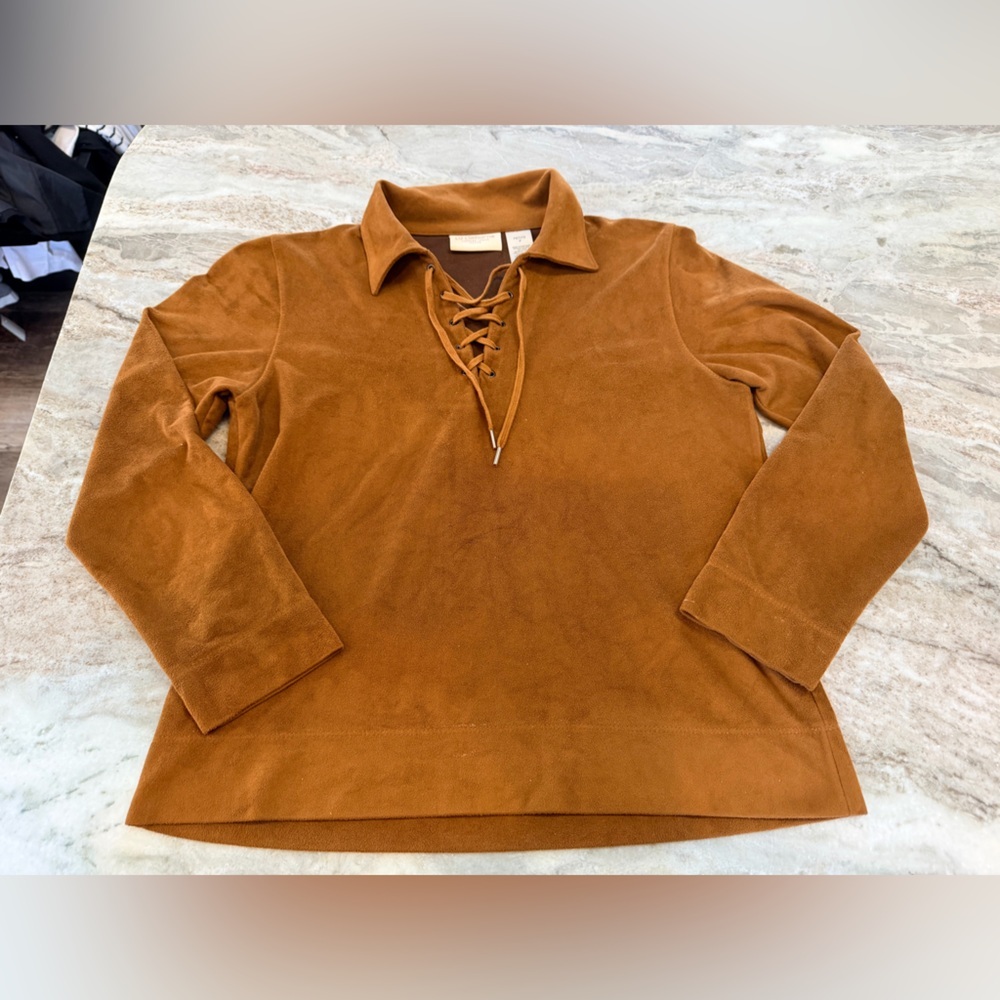 Liz Claiborne Petite Camel Faux Suede Lace Up Top Western Boho Size P - Picture 1 of 9